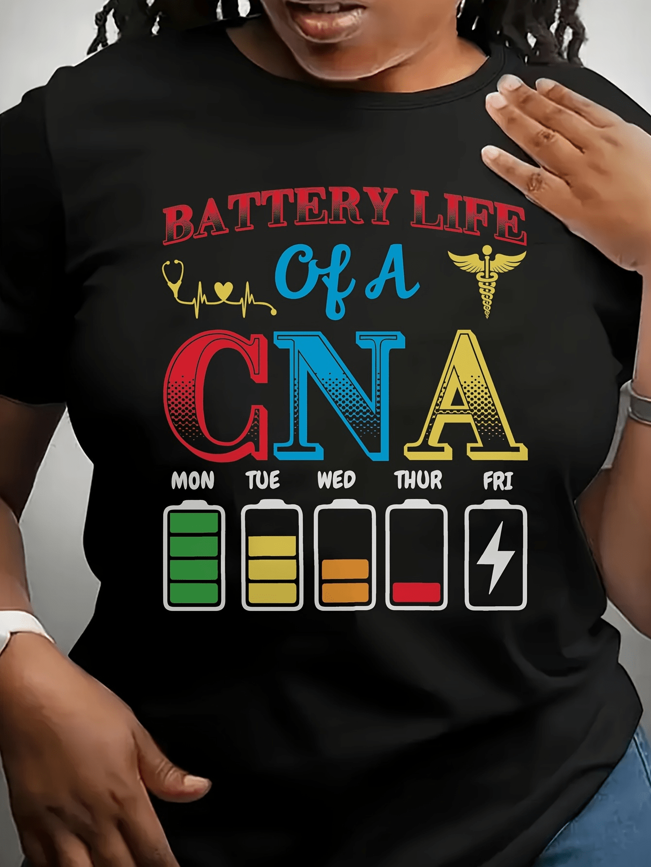 Funny CNA Weekly Battery Life Tee, All Season Medical Graphic Short Sleeve Shirt, Unique Gift For CNA Graduates, Nursing Staff, Hospital And Clinic Workplace Outfits