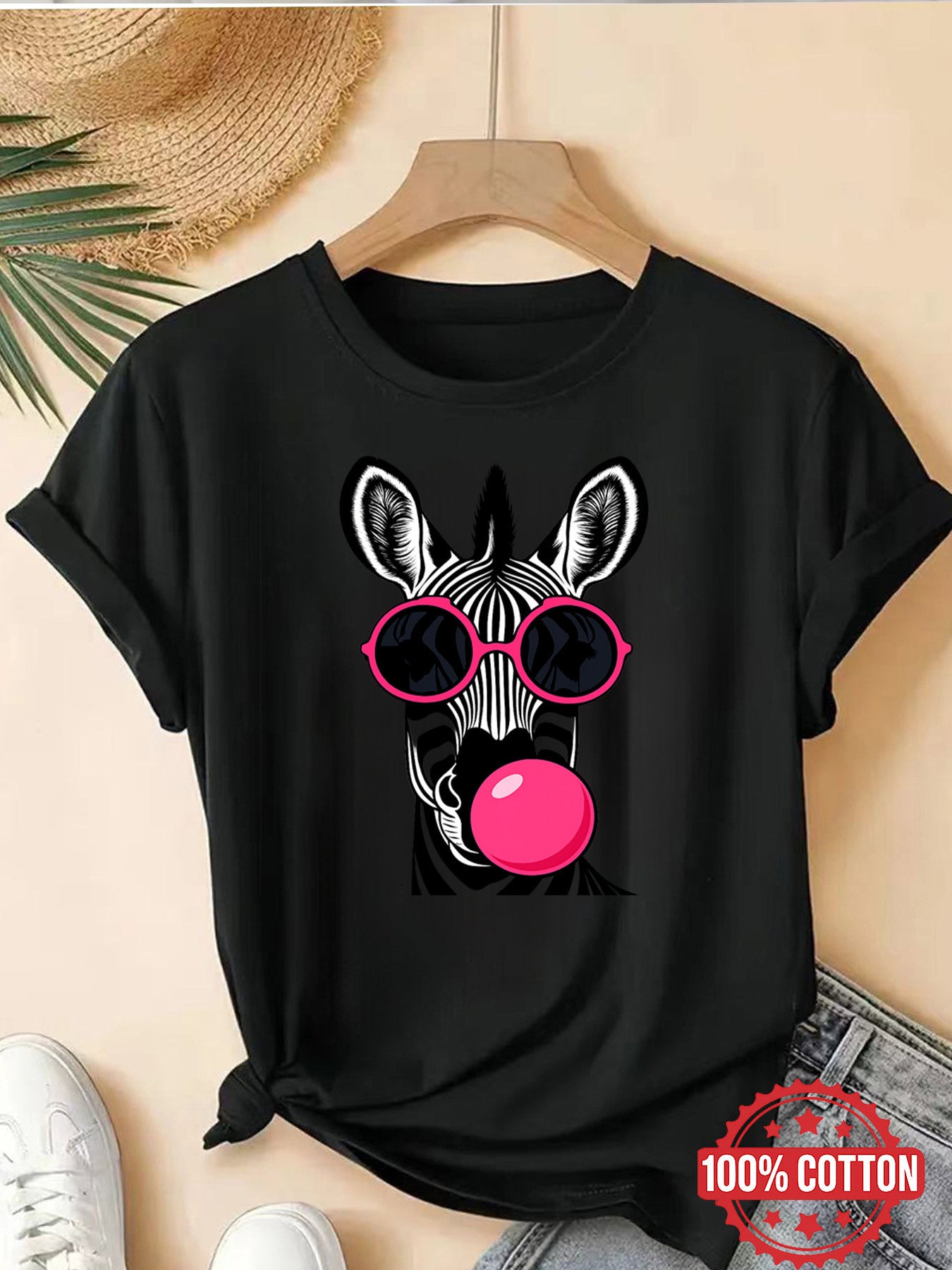 Women's Zebra Wearing Pink Fashion Glasses Blowing Bubble Gum Printed Graphic T-shirt Women Funny Tee