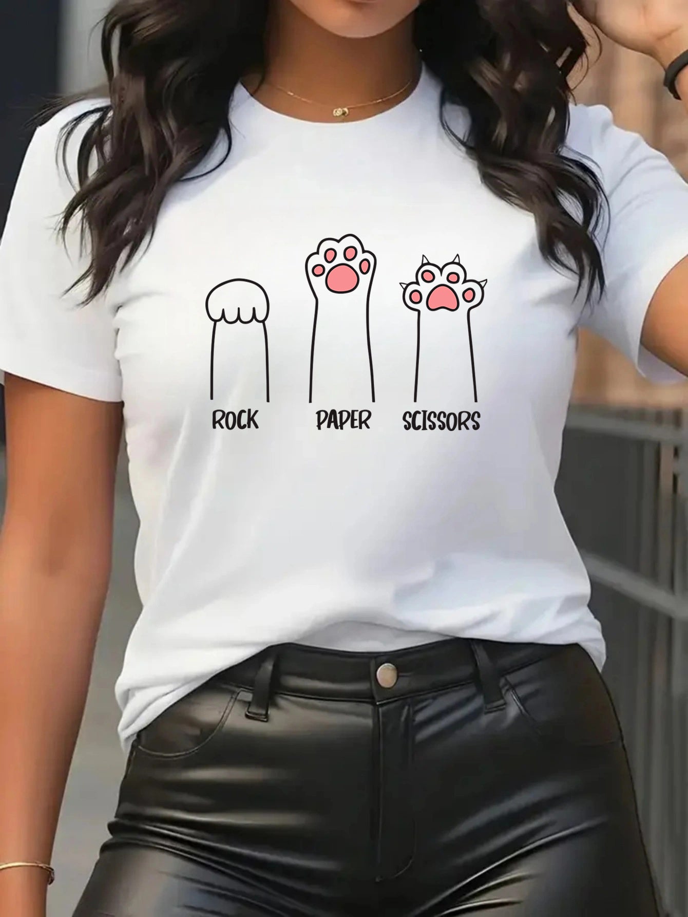 Women's Cat Lover Graphic T Shirt, Cute Paw Print Rock Paper Scissors Design, Funny Pet Mom Short Sleeve Tee, Casual Cotton Shirt Gift For Cat Owners