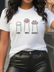 Women's Cat Lover Graphic T Shirt, Cute Paw Print Rock Paper Scissors Design, Funny Pet Mom Short Sleeve Tee, Casual Cotton Shirt Gift For Cat Owners
