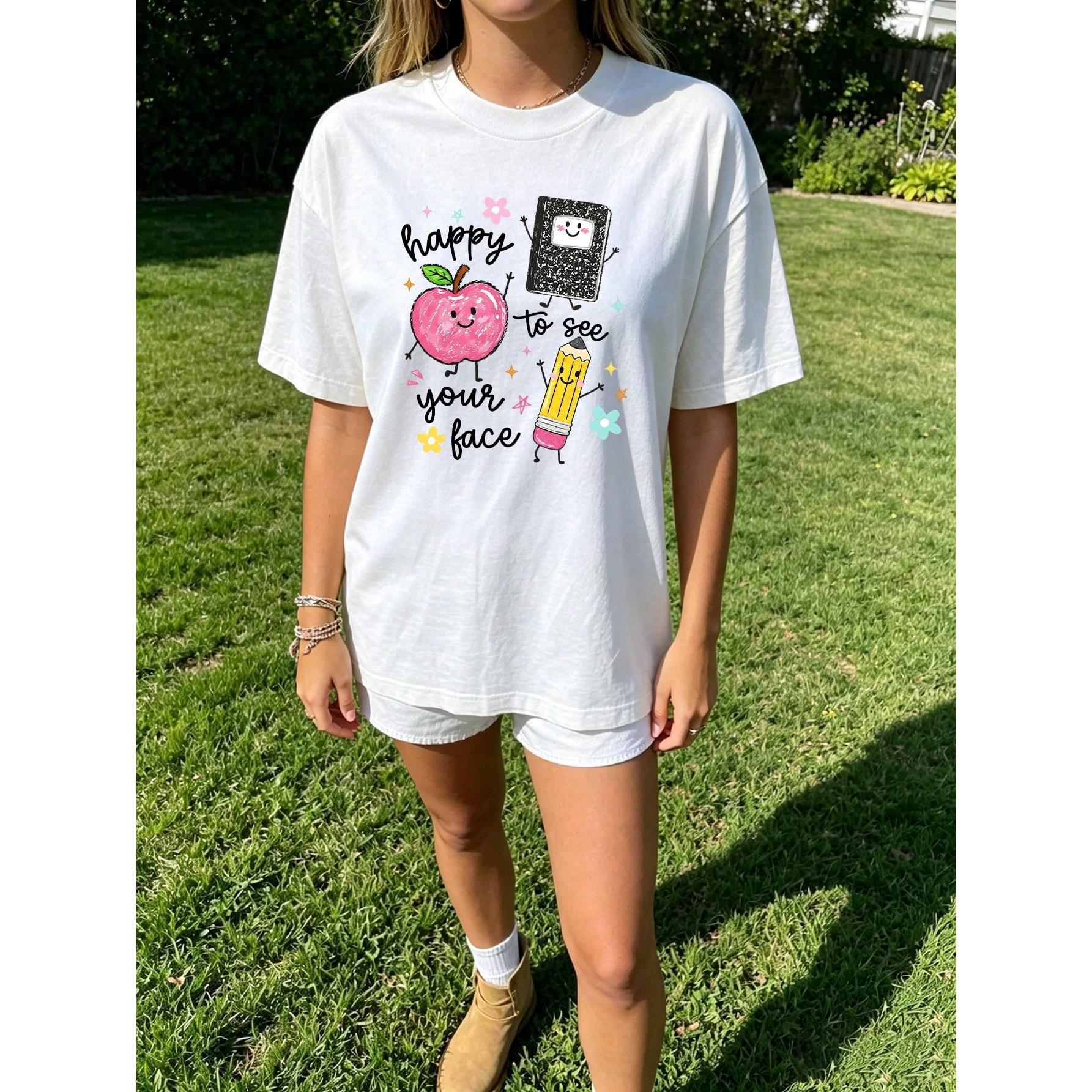 Happy To See Your Face Teacher T Shirt Women Cute Apple Pencil Graphic Tee Vintage Back To School Summer Top