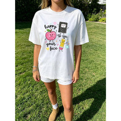 Happy To See Your Face Teacher T Shirt Women Cute Apple Pencil Graphic Tee Vintage Back To School Summer Top