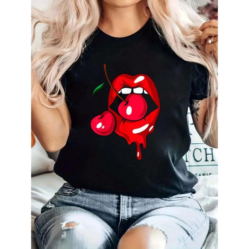 Lips Cherries Vintage Retro Printed T-Shirt