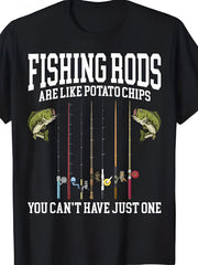 Men'S Fishing Rod Pattern T-Shirt- 100% Material Casual Crew Neck T-Shirt with "Fishing Rods Are Like Potato Chips" Print Short Sleeve Suitable for All Seasons Casual Wear