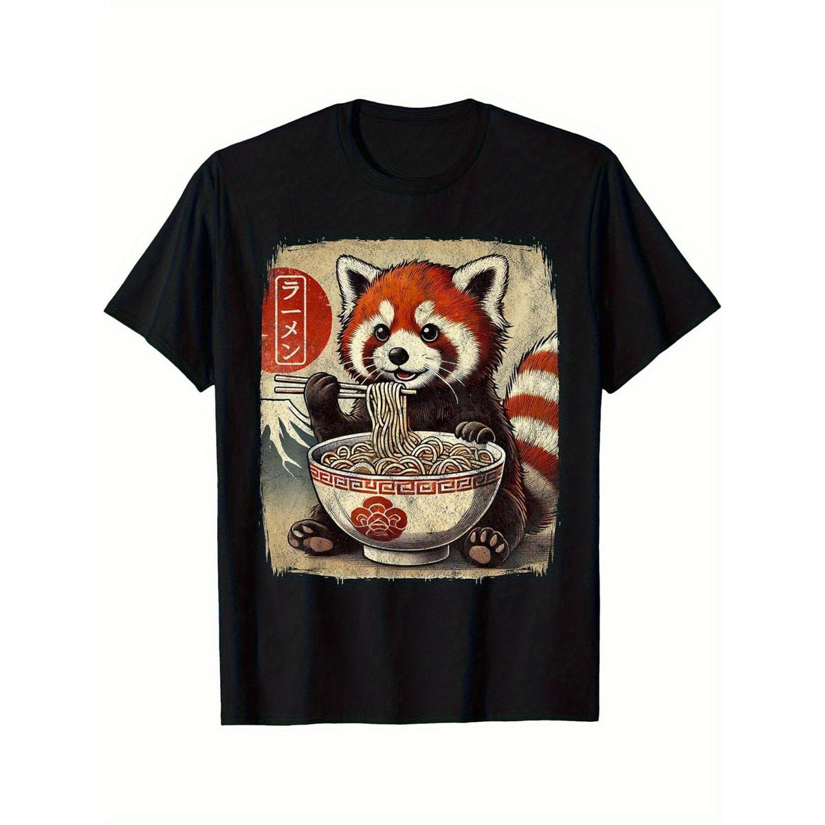 Funny Red Panda Eating Ramen Japanese Kawaii T-Shirt - Cute Anime Graphic Tee, Unisex Casual Top