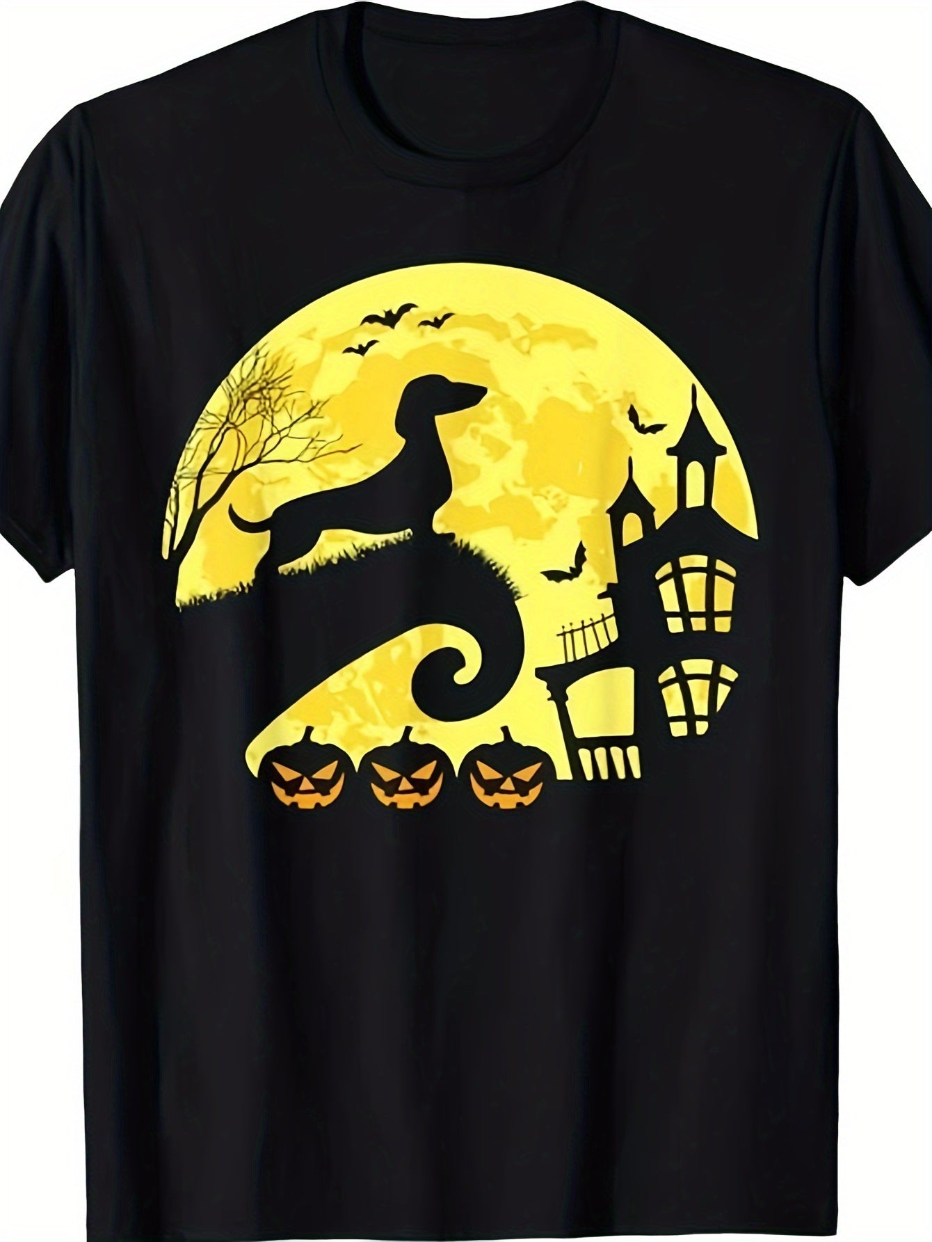 Halloween Dachshund Weenie Wiener Sausage Dog Graphic Tee for Men Women, Cute Jack O Lantern Bat Short Sleeve T-Shirt, Casual Crew Neck Top for Doxie Lover Gift