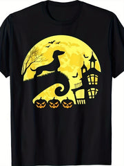 Halloween Dachshund Weenie Wiener Sausage Dog Graphic Tee for Men Women, Cute Jack O Lantern Bat Short Sleeve T-Shirt, Casual Crew Neck Top for Doxie Lover Gift