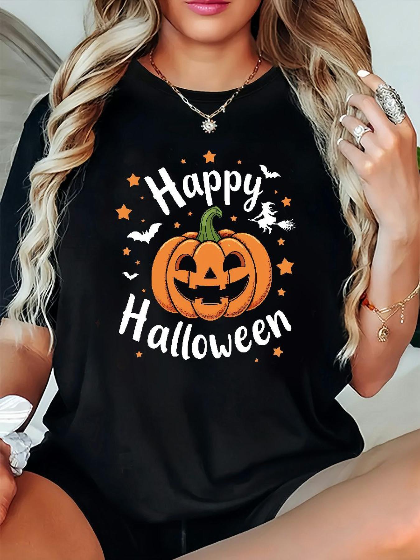 Women's Happy Halloween Pumpkin Witch Bat Graphic T-Shirt, Casual Short Sleeve Crew Neck Fall Tee