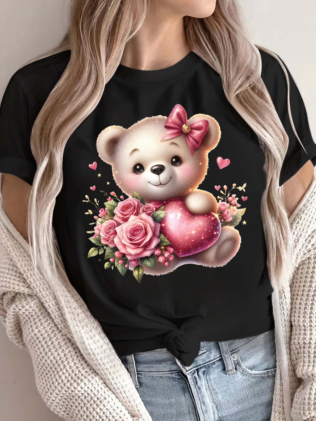 Women'S Pink Heart Bear & Rose Graphic T-Shirt