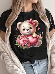 Women'S Pink Heart Bear & Rose Graphic T-Shirt