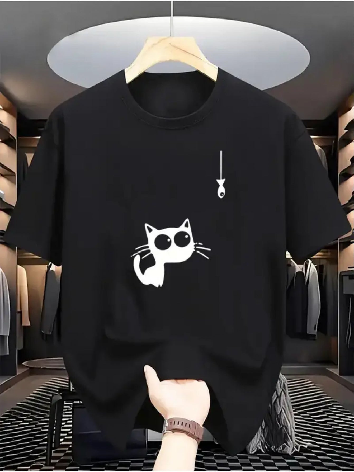 Minimal Cartoon Cat Graphic Short Sleeve T‑Shirt, Funny Black Cat Chasing Fish Crew Neck Casual Daily Unisex Top