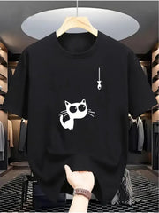 Minimal Cartoon Cat Graphic Short Sleeve T‑Shirt, Funny Black Cat Chasing Fish Crew Neck Casual Daily Unisex Top