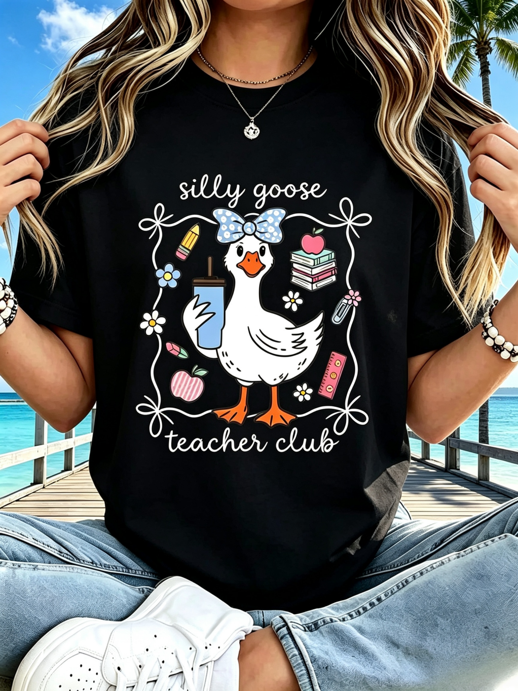Teacher Club Crew Neck Tee, Silly Goose Print Short Sleeve Top, Teacher's Day & Back To School Casual Gift