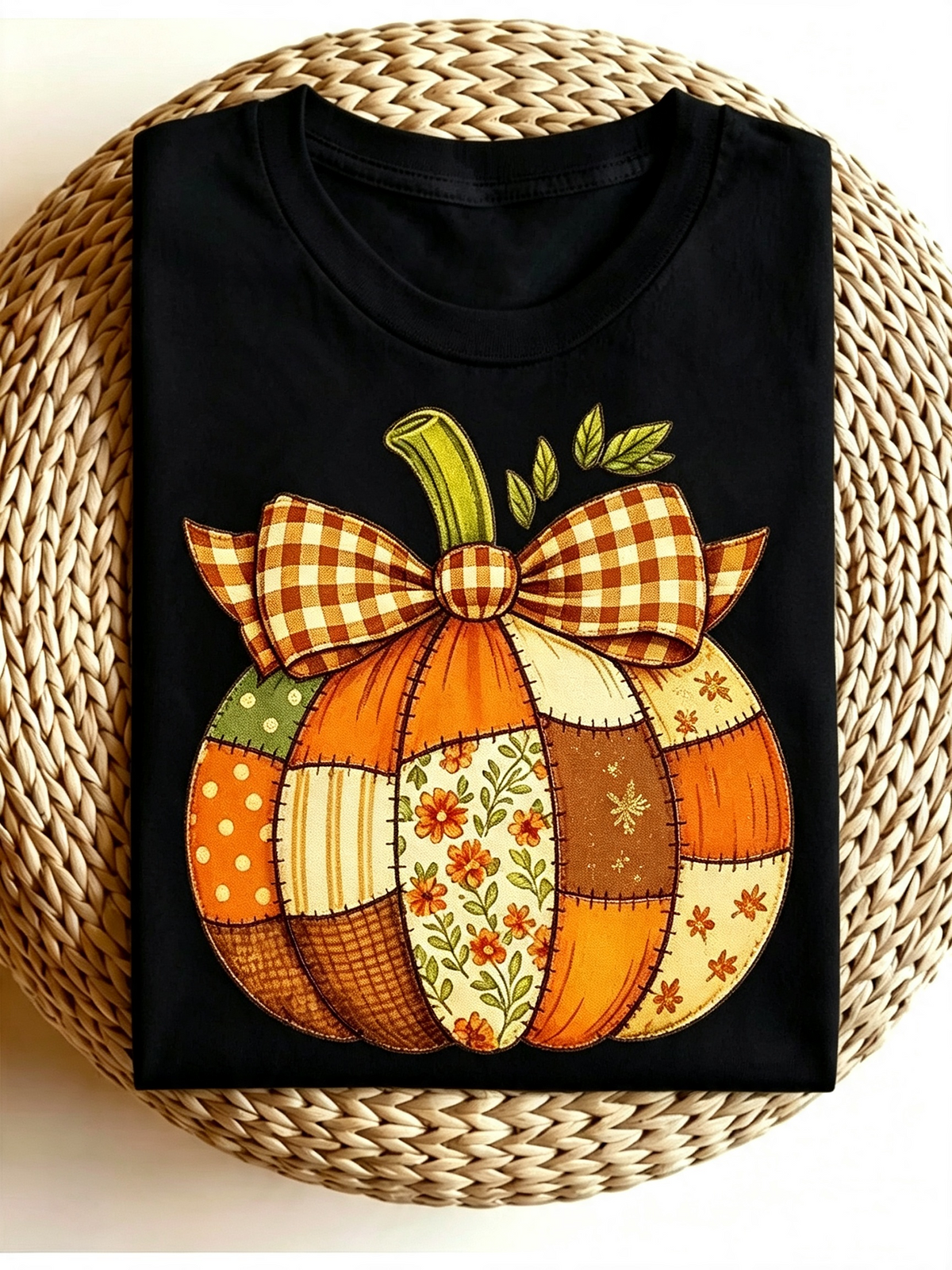 Fall Patchwork Pumpkin Bow Graphic T‑Shirt for Women, Retro Autumn Harvest Short Sleeve Crewneck Casual Tee Top