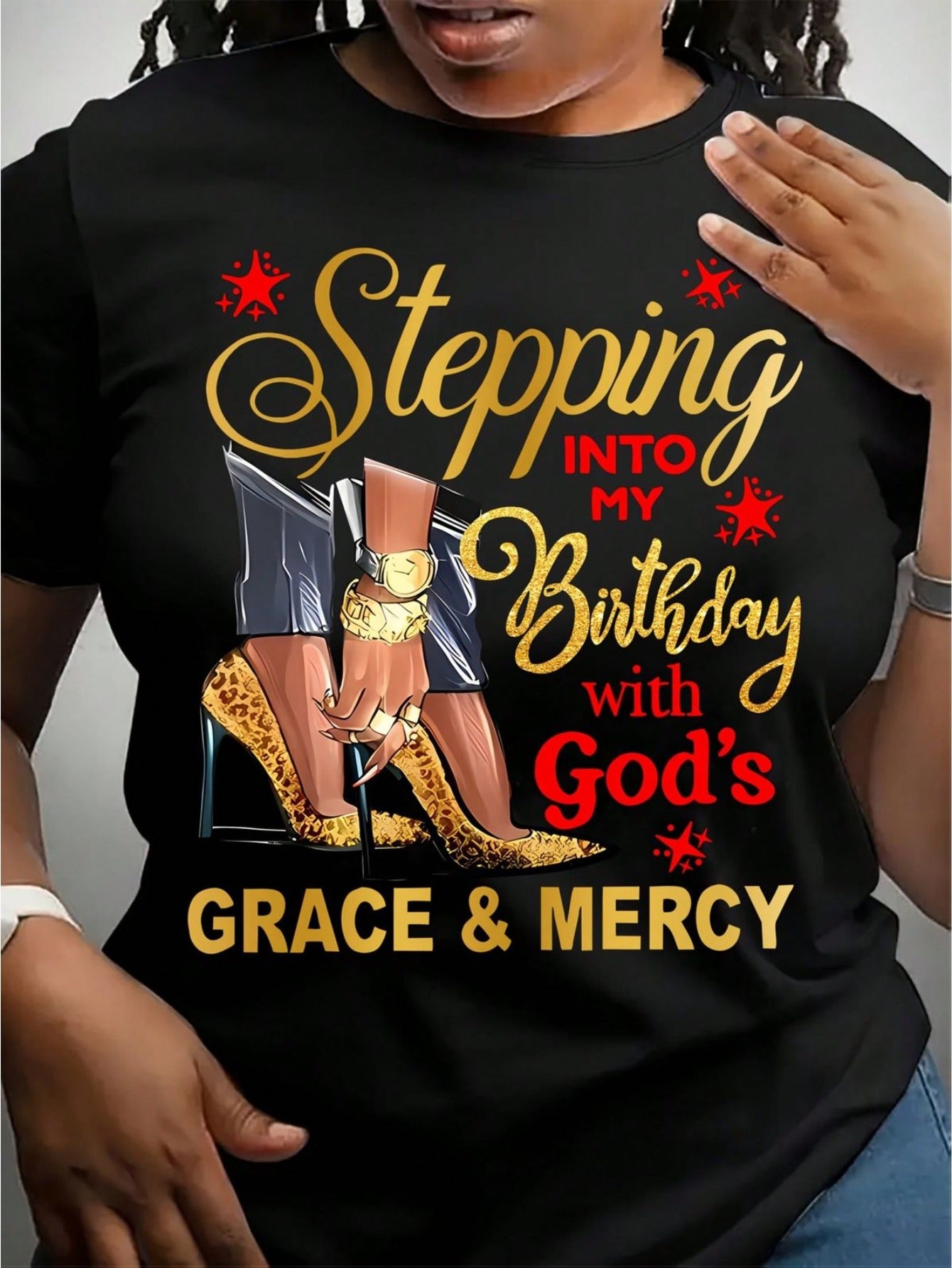 Stepping Into My Birthday With God's Grace And Mercy Christian Faith Graphic Tee for Men Women, Inspirational Birthday Short Sleeve T-Shirt, Casual Crew Neck Top for Birthday Gift