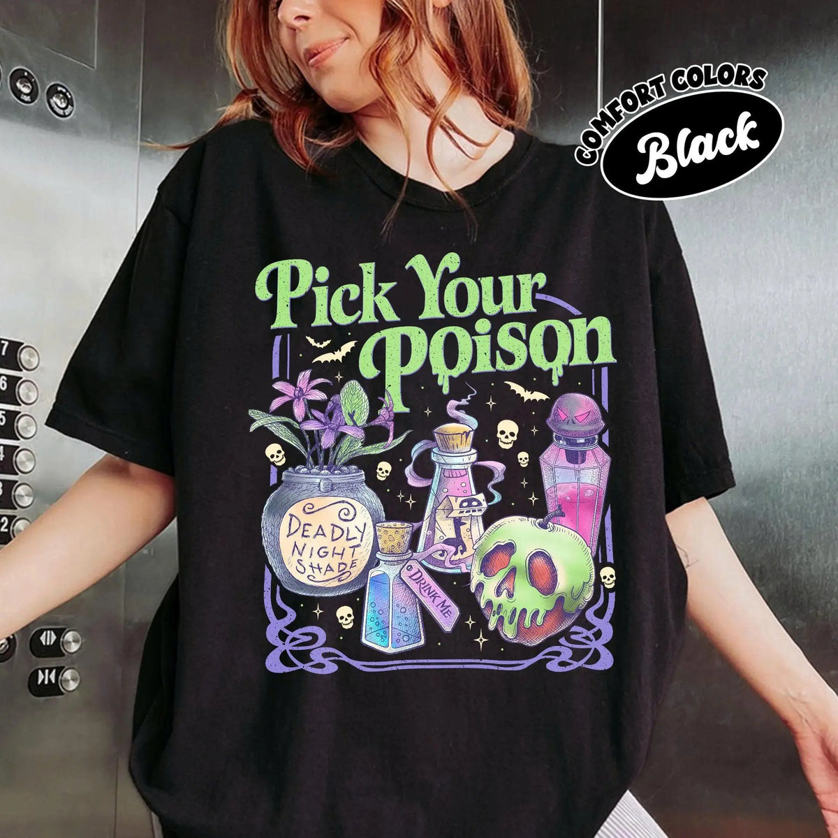 Women's Pick Your Poison Vintage Halloween Graphic T‑Shirt, Retro Witch Potion Skull Poison Apple Print Crew Neck Short Sleeve Spooky Season Casual Fall Tee, Spooky Season, Villain Spooky Gift,