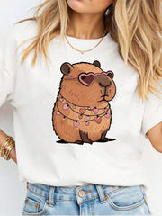 Women's Casual Fashion Creative Cute Cartoon Capybara Pattern Printed Basic Short Sleeve T-Shirt Capybara T-Shirt Cute Graphic Tees Cartoon T-Shirt Animal Graphic Tee Heart Graphic Tee Cartoon Graphic Tee Animal T-Shirt