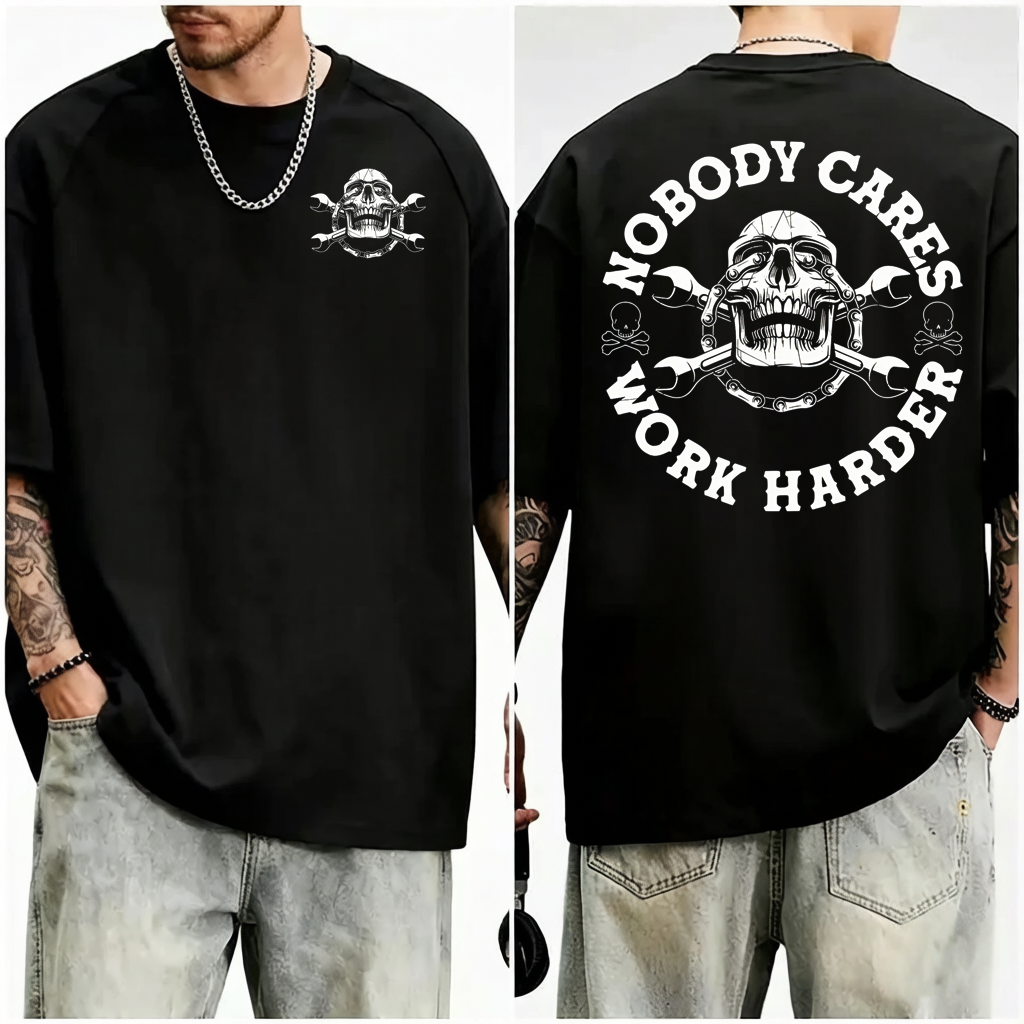 Nobody Cares Work Harder Skull Mechanic Engineer Unisex T-Shirt 2-sided print