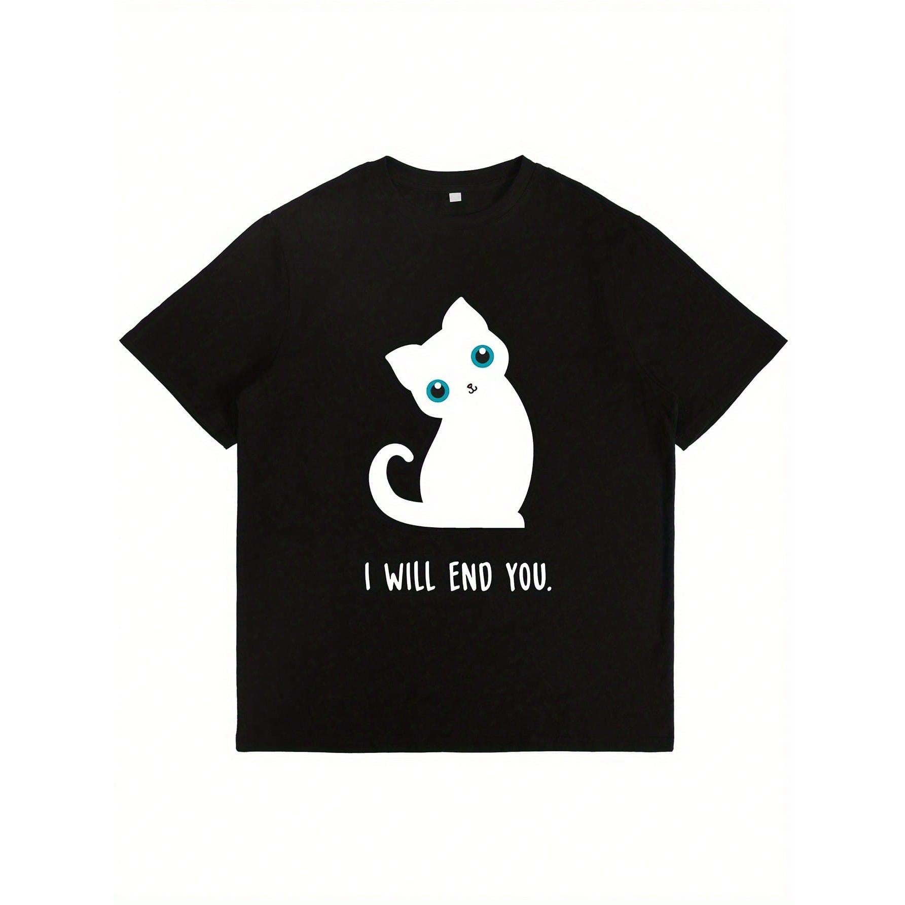 Women's "I Will End You" Kitten Graphic Tee, Funny Sarcastic Short Sleeve Cotton Pullover Top for Parties & Casual Wear, Natural, Sports, Tops, Crew Neck