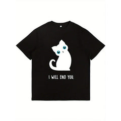 Women's "I Will End You" Kitten Graphic Tee, Funny Sarcastic Short Sleeve Cotton Pullover Top for Parties & Casual Wear, Natural, Sports, Tops, Crew Neck
