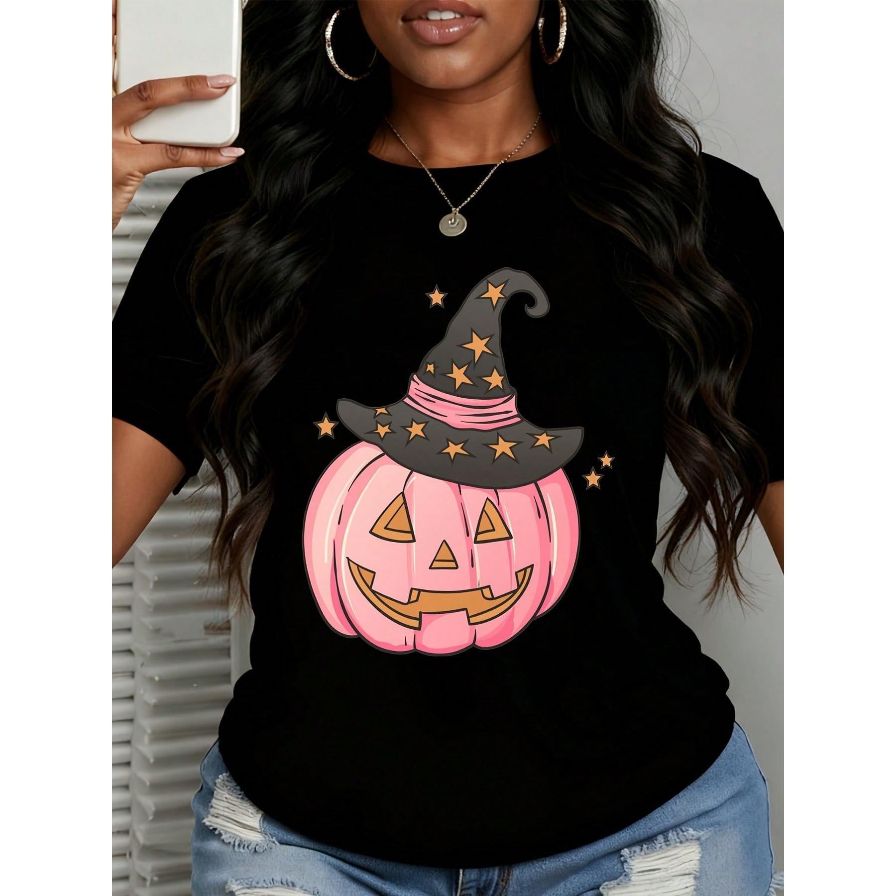 Women's T-Shirt Halloween Pink Pumpkin Witch Hat Graphic Tee, Casual Party Wear