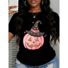 Women's T-Shirt Halloween Pink Pumpkin Witch Hat Graphic Tee, Casual Party Wear