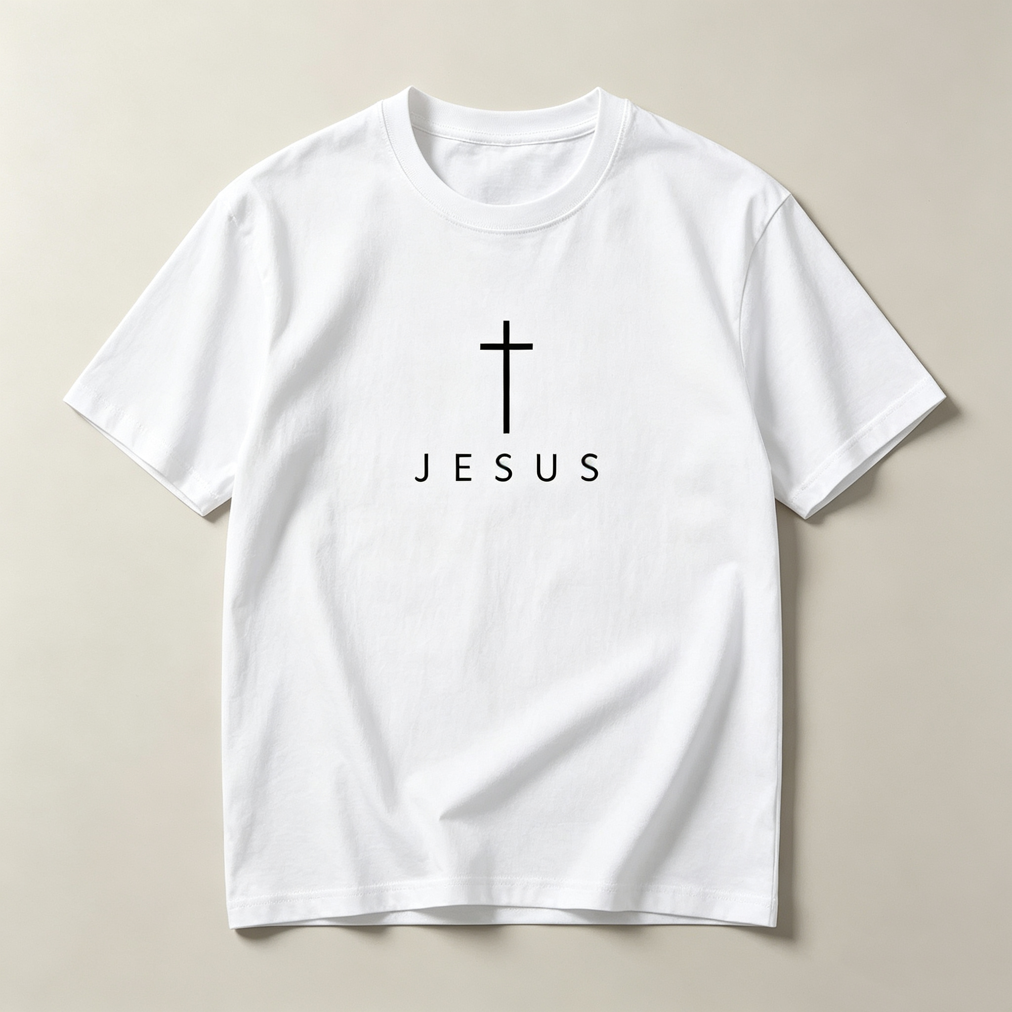 Men's Crew Neck Minimal Graphic T‑Shirt, White Cross & JESUS Faith‑Themed Print, Breathable Regular Fit Casual Short‑Sleeve Tee for Daily Commute S‑5XL