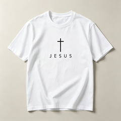 Men's Crew Neck Minimal Graphic T‑Shirt, White Cross & JESUS Faith‑Themed Print, Breathable Regular Fit Casual Short‑Sleeve Tee for Daily Commute S‑5XL