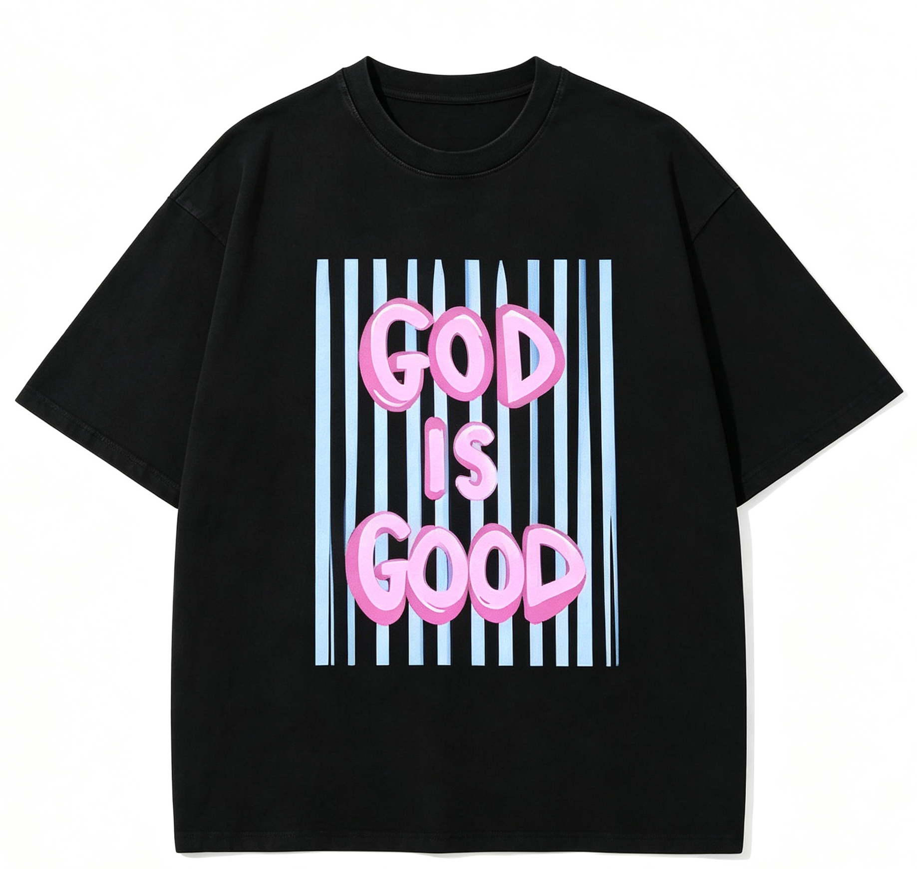 Unisex Graphic T‑Shirt, God Is Good White Outline Street Art Font Print Crew Neck Short‑Sleeve Tee, Loose‑Fit Breathable Cotton Daily Streetwear Apparel for Men Women