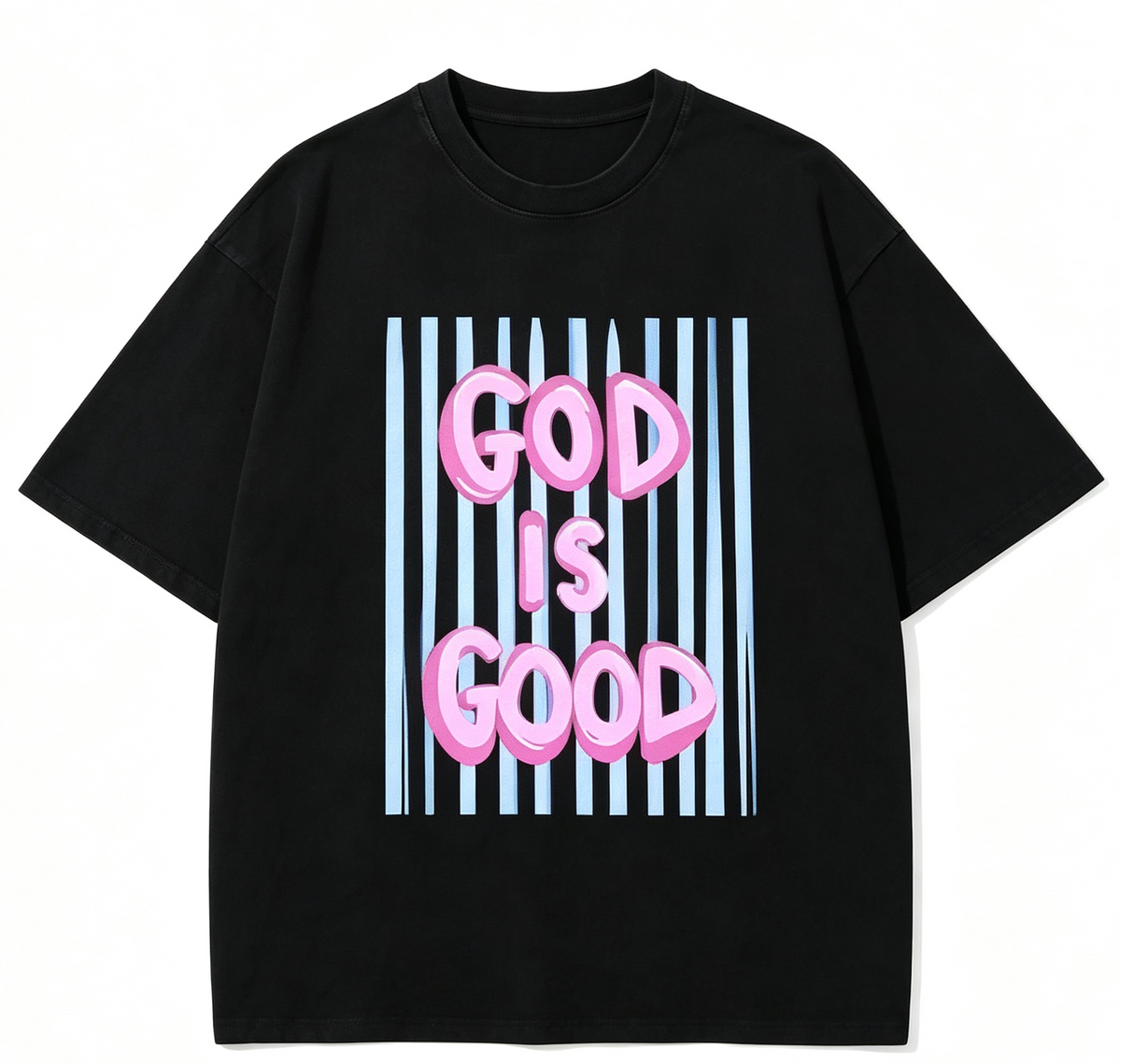 Unisex Graphic T‑Shirt, God Is Good White Outline Street Art Font Print Crew Neck Short‑Sleeve Tee, Loose‑Fit Breathable Cotton Daily Streetwear Apparel for Men Women