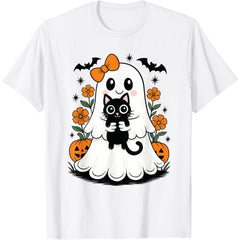 Vintage Halloween Ghost Holding Black Cat T-Shirt