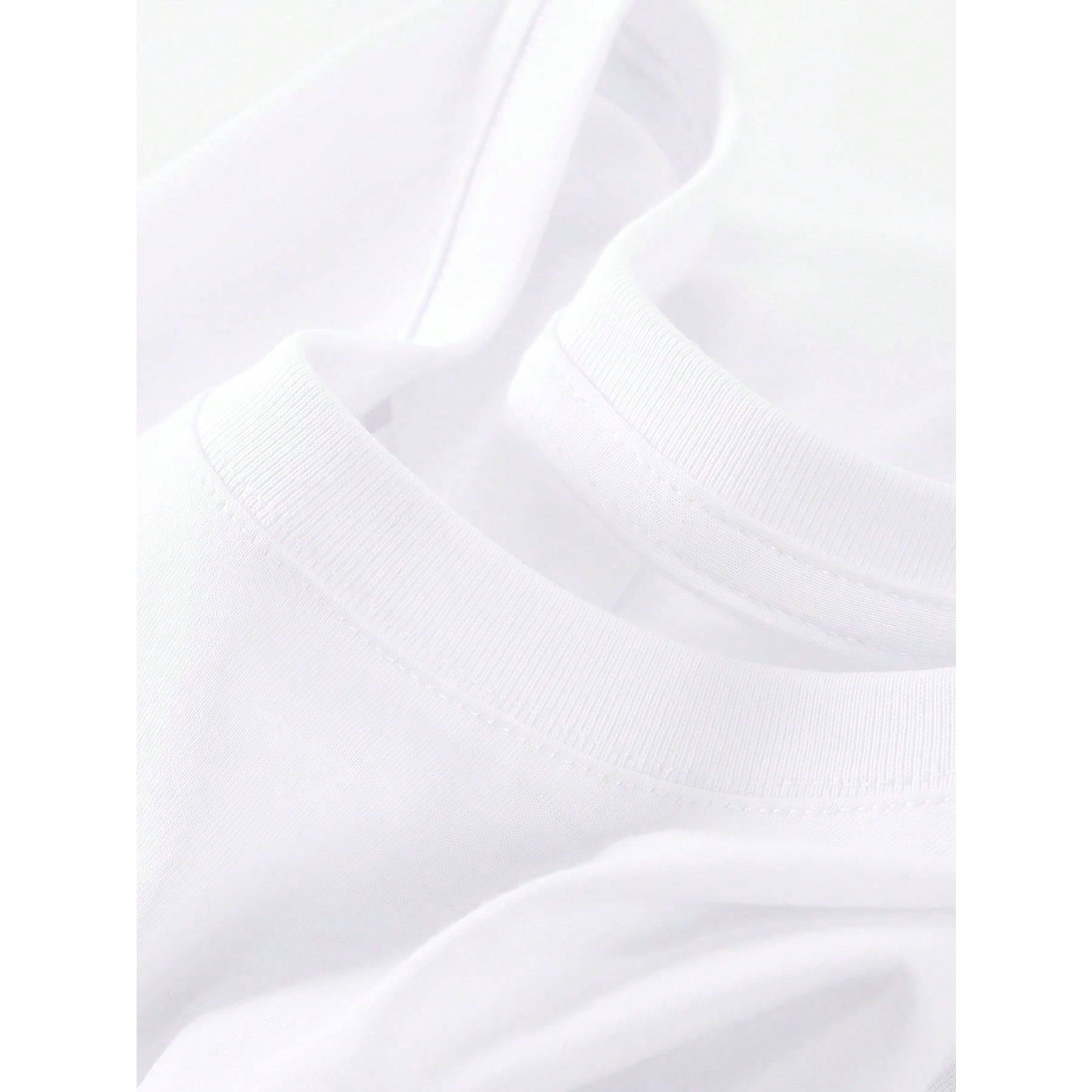 White Printed T-Shirt - Short Sleeve Cartoon Character Drawing Style Soft & Light Beige-Friendly, Machine Washable, Basic & Versatile
