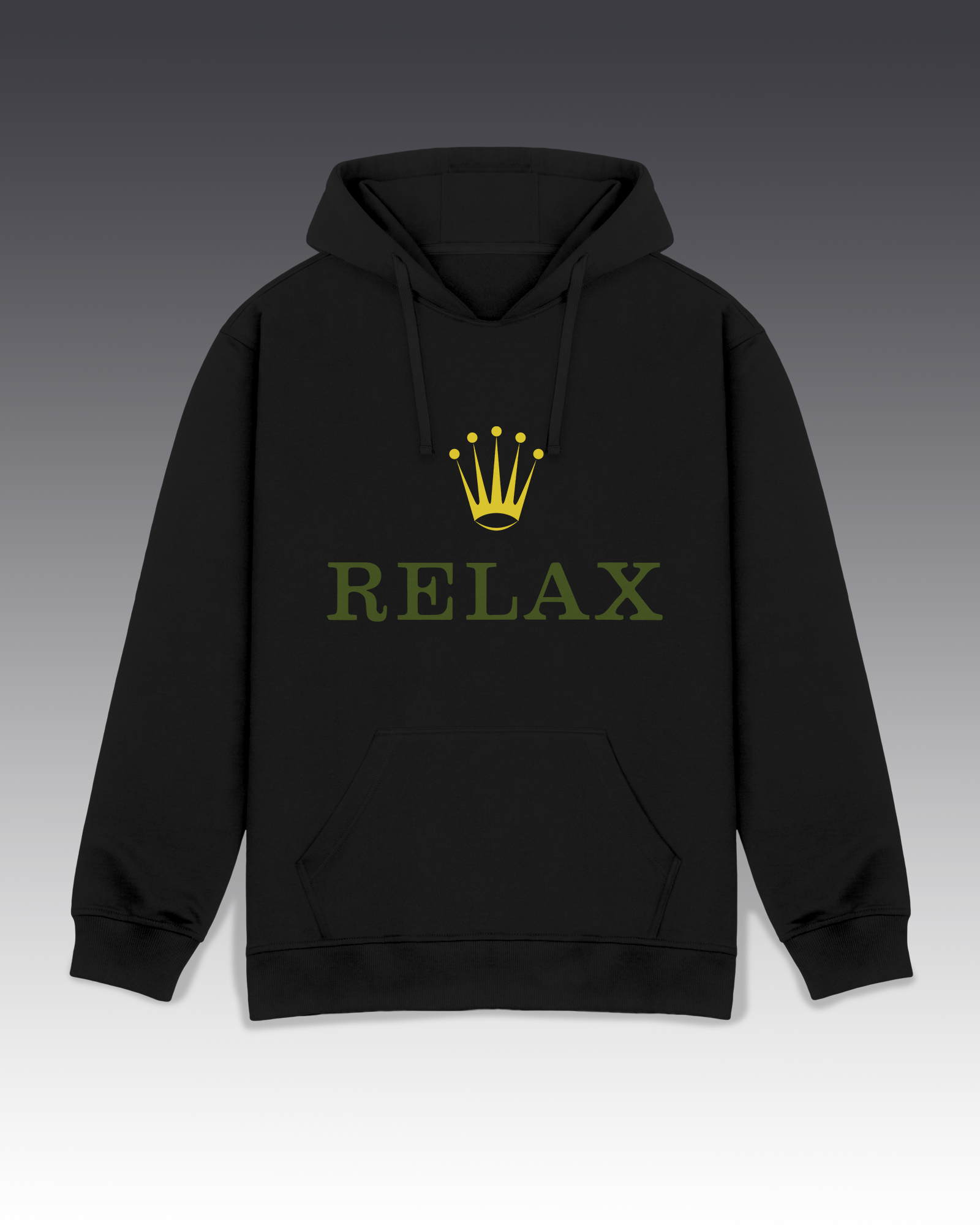 DIYANYONE Original "RELAX" Crown Hoodie - Heavyweight Cotton Blend Pullover, Luxury Parody Wellness Graphic Hoodies