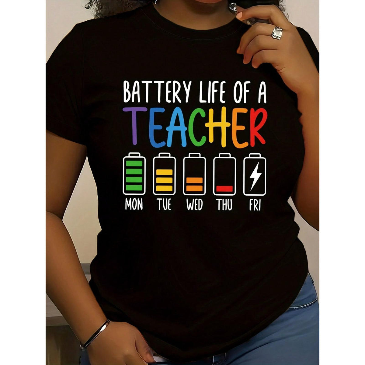 Women'S Teacher Battery Life Pattern T-Shirt- Soft, Women's Casual Crew Neck Top, Suitable For All Seasons, Birthday Easter Mother's Day Gift