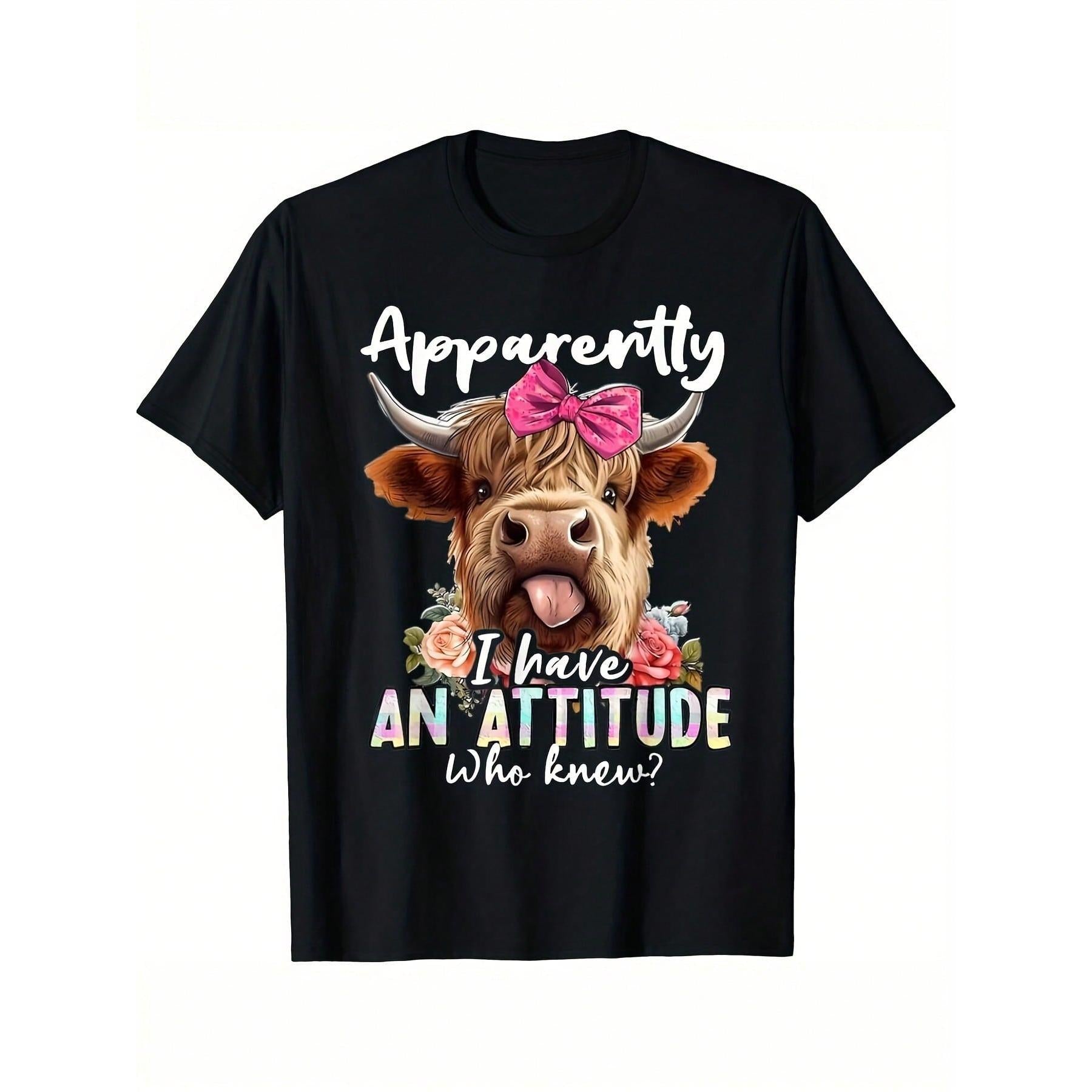 Highland Cow Sarcasm Graphic T-Shirt, Casual Crew Neck Short Sleeve Tee, Breathable Cotton Fabric, Slight Stretch, Summer Fashion Top, Regular Fit, Summer T-Shirt