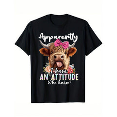 Highland Cow Sarcasm Graphic T-Shirt, Casual Crew Neck Short Sleeve Tee, Breathable Cotton Fabric, Slight Stretch, Summer Fashion Top, Regular Fit, Summer T-Shirt
