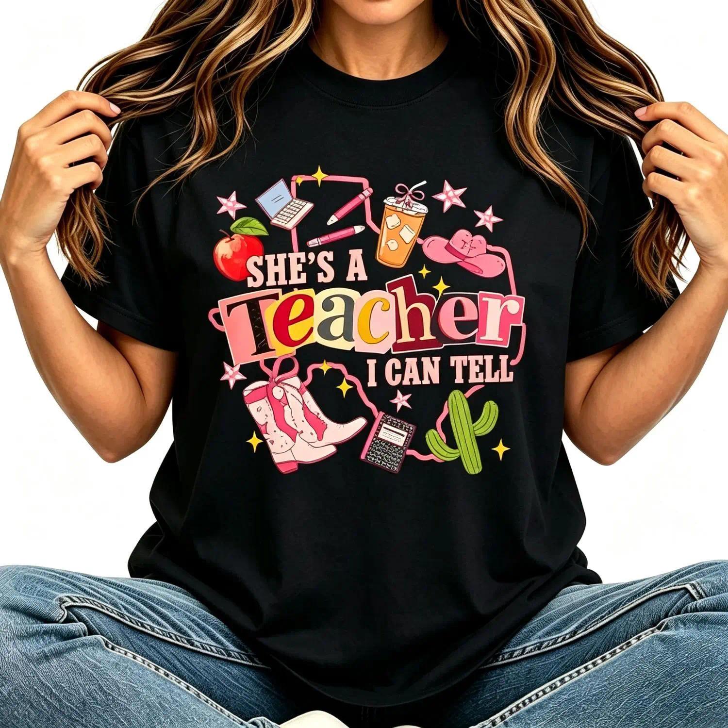 She’s A Teacher I Can Tell Western Classroom Art Tee T-Shirt Short Sleeve for Back To School Teacher Gift Women Casual
