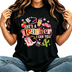 She’s A Teacher I Can Tell Western Classroom Art Tee T-Shirt Short Sleeve for Back To School Teacher Gift Women Casual