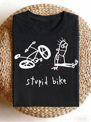 Women’s Stupid Bike Funny Cartoon Doodle Graphic Short Sleeve T-Shirt, Sarcastic Humor Crew Neck Casual Novelty Top
