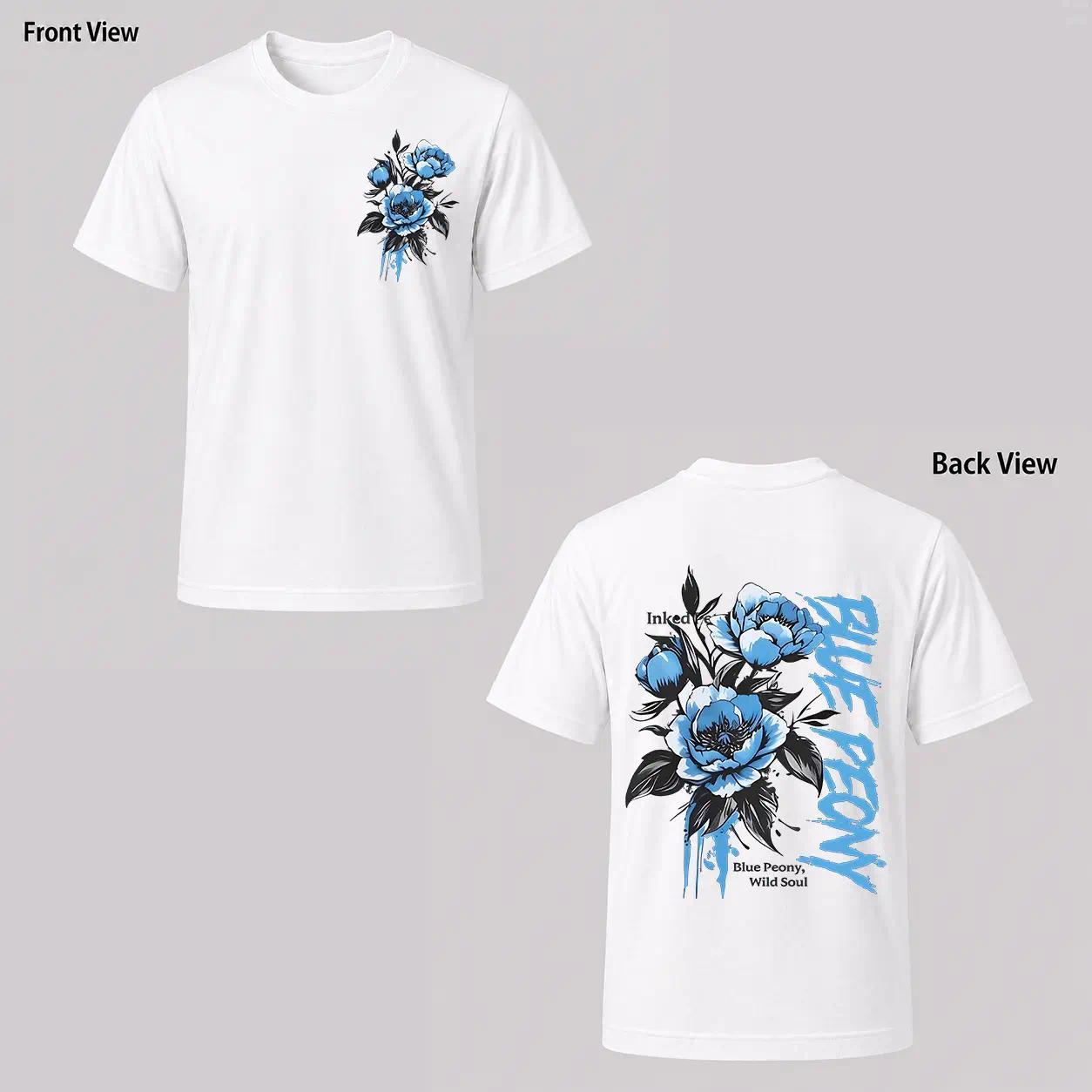 [Men's T-Shirt] New Men's T-Shirt, American Street Style Blue Peony Print T-Shirt