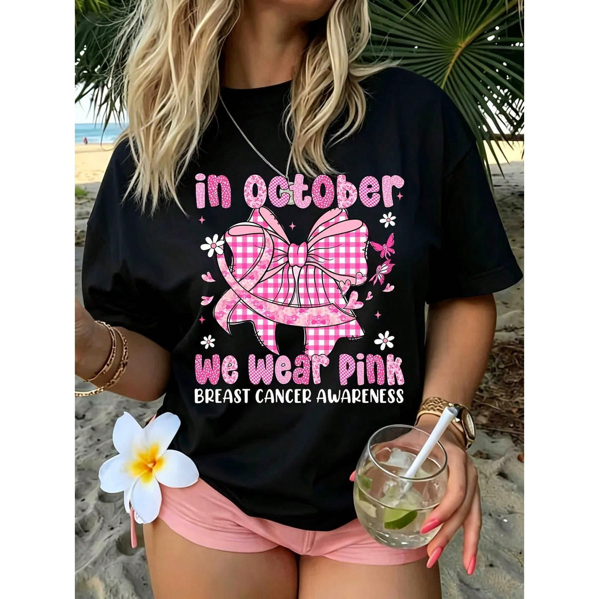 In October We Wear Pink Breast Cancer Awareness Shirt Women Graphic Tee Summer Beach Vacation Top Casual Short Sleeve Tshirt