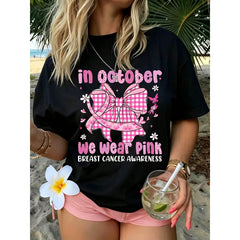 In October We Wear Pink Breast Cancer Awareness Shirt Women Graphic Tee Summer Beach Vacation Top Casual Short Sleeve Tshirt