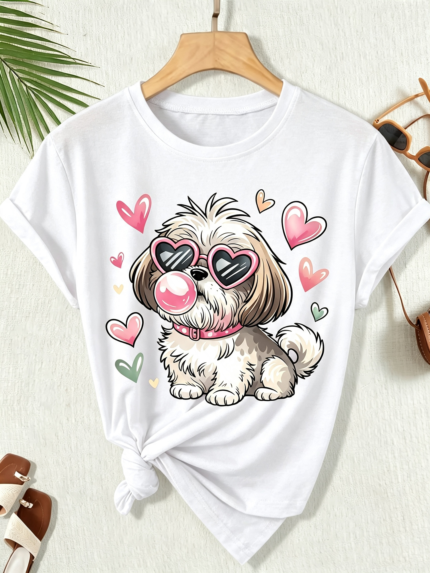 Cute Shih Tzu Dog Heart Sunglasses Bubble Gum Graphic T‑Shirt for Women, Sweet Pet Lover Short Sleeve Casual Tee Top