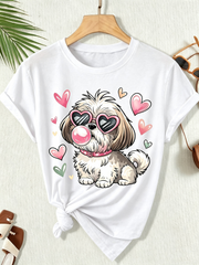 Cute Shih Tzu Dog Heart Sunglasses Bubble Gum Graphic T‑Shirt for Women, Sweet Pet Lover Short Sleeve Casual Tee Top