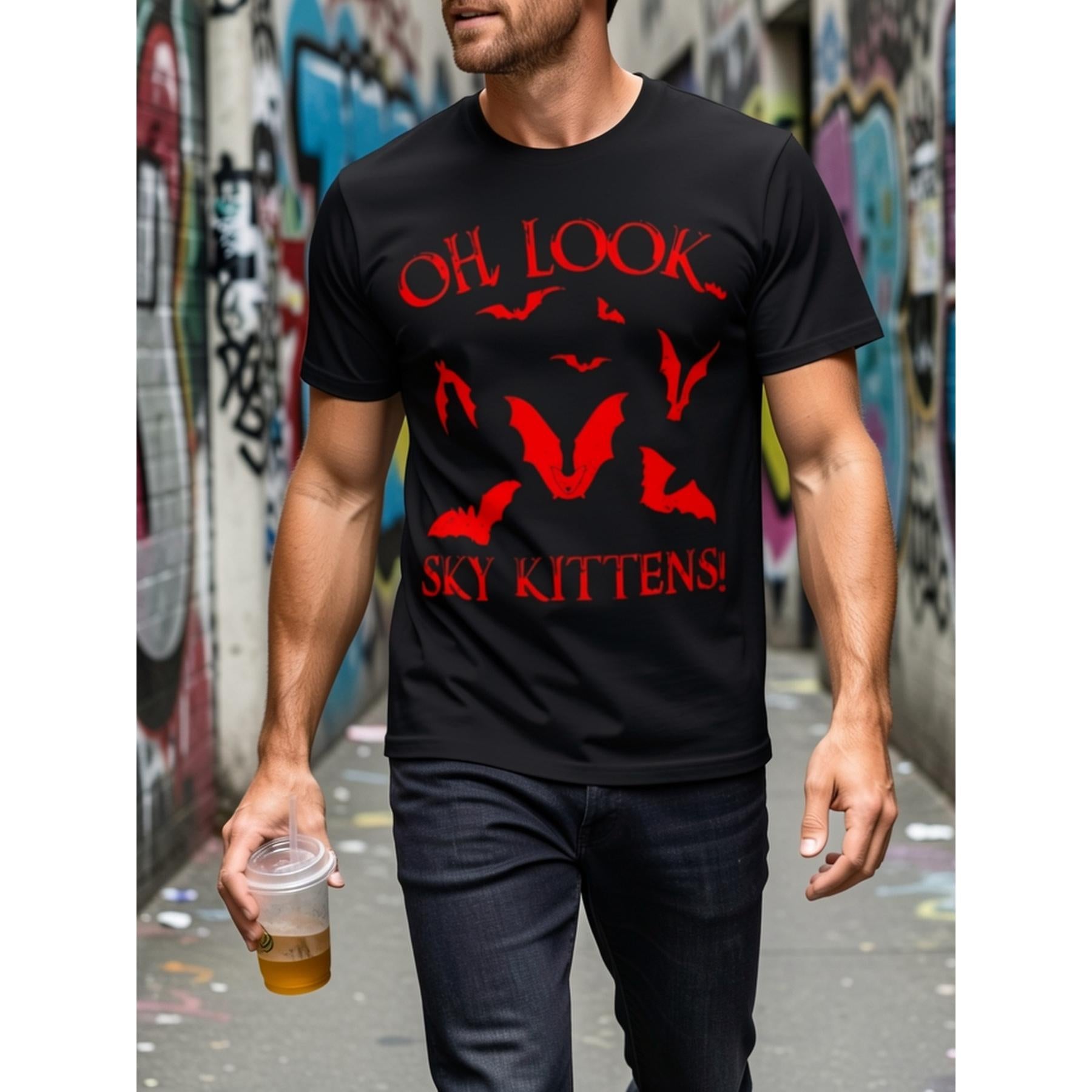 Oh Look Sky Kittens Funny Bat Lover Gothic Horror Halloween T-Shirt Cute Spooky Bat Silhouette Graphic Tee Unisex Summer Casual Top Soft Cotton Crew Neck Vintage Style