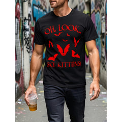 Oh Look Sky Kittens Funny Bat Lover Gothic Horror Halloween T-Shirt Cute Spooky Bat Silhouette Graphic Tee Unisex Summer Casual Top Soft Cotton Crew Neck Vintage Style