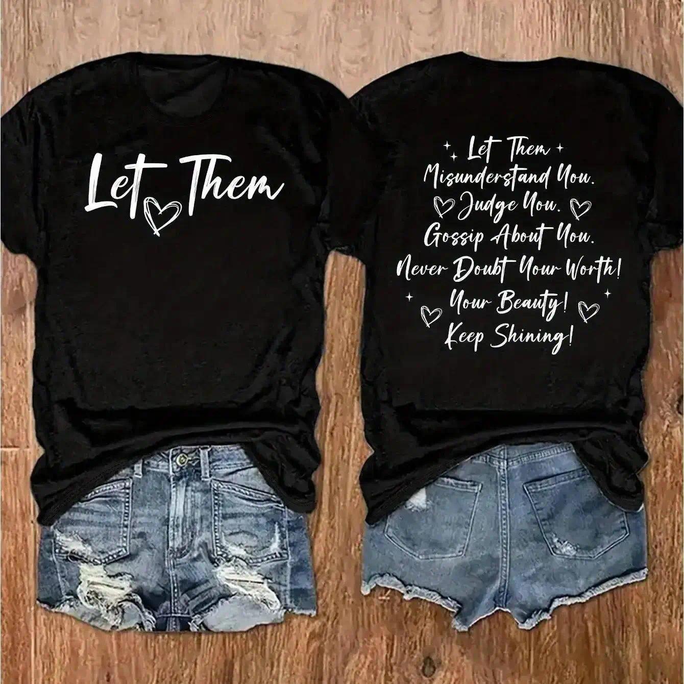 Let Them Inspirational Double-Sided Print T-Shirt, Women's Positive Quote Graphic Tee, Casual Top, Breathable & Loose Fit