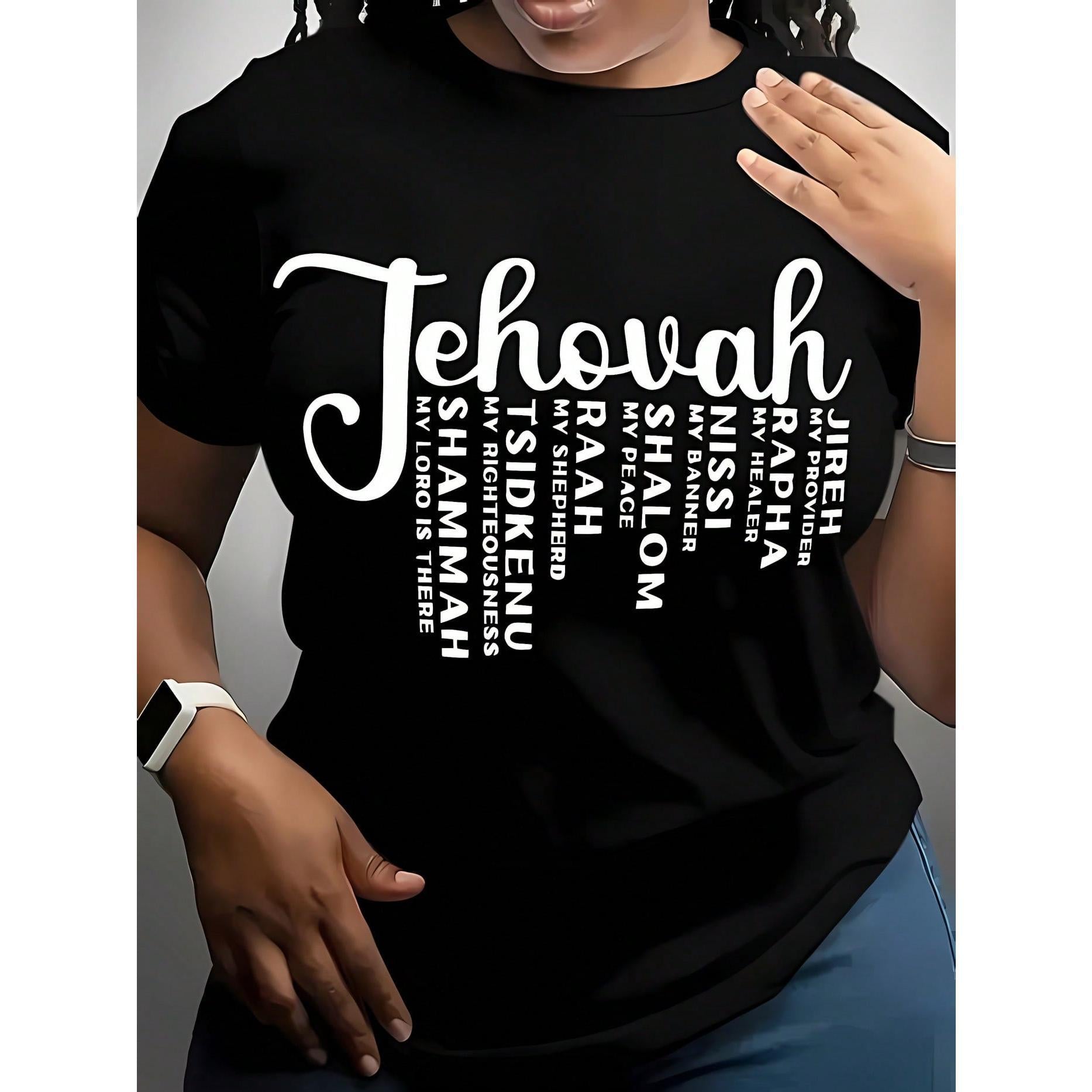 Women' Jehovah Print Black TShirt Crew Neck Casual Cotton Tee Medium Stretch Knit Fabric Regular Fit For Female Ladies For // Ndependence Day