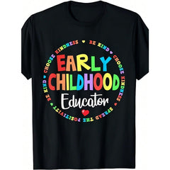 Summer Women Early Educator Vintage Rainbow Heart Letter Print Crew Neck Short Sleeve Tee