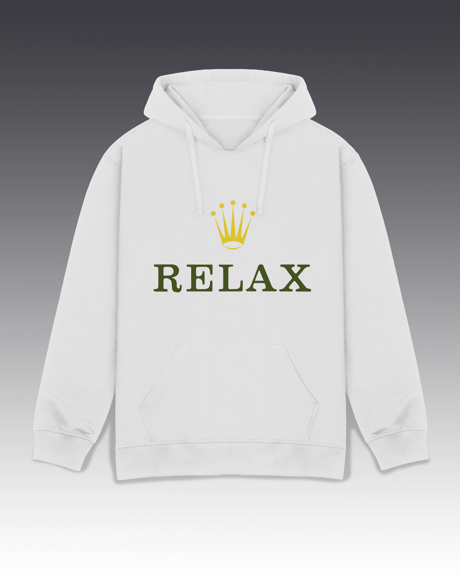 DIYANYONE Original "RELAX" Crown Hoodie - Heavyweight Cotton Blend Pullover, Luxury Parody Wellness Graphic Hoodies